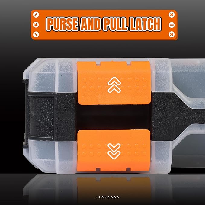 Jack Boss Tool Box with Transparent Lid, Double Side 34-Compartments Organizer Box with Removable Dividers for Hardware, Screws, Bolts, Nails, Beads, Jewelry and Fishing Accessories, Orange, 4 Pack