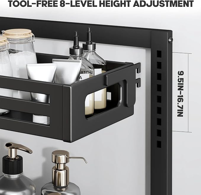 2 Pack 21IN-Depth Under Sink Organizer,Pull Out Cabinet Organizer With Smooth Cylindrical Rail,Metal Slide Out Drawer for Kitchen Bathroom Laundry,8-Level Tool Free Height Adjustable-Black