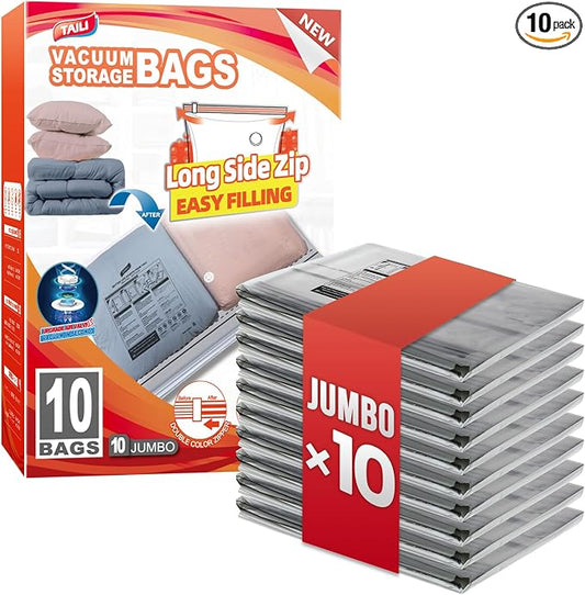 TAILI 10 Pack Vacuum Storage Bags, Jumbo LONG SIDE ZIP(39x28 inch), Clear | Vacuum Seal Bags for Clothing, Space Saver for Beddings, Comforters, Blankets, Pillows