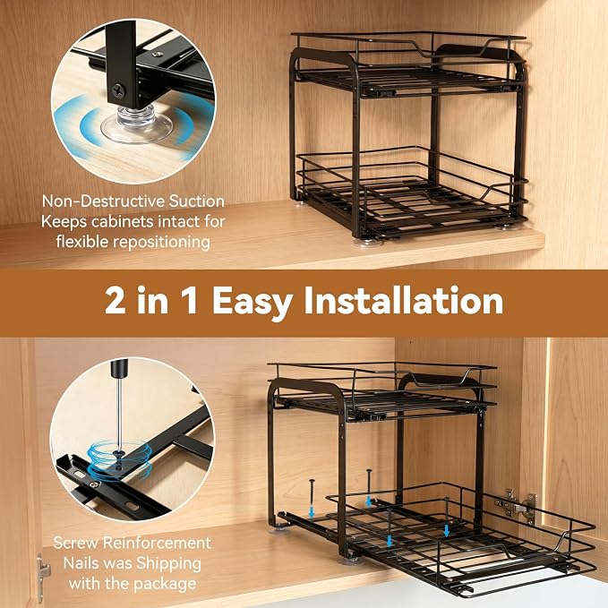 Spice Rack Organizer for Kitchen, Pull Out Spice Racks for Inside Cabinets, 2 Tier Spice Shelf Organization for Cabinet Seasoning, No Drilling Install for Home Kitchen Space Saving, 1 Pack