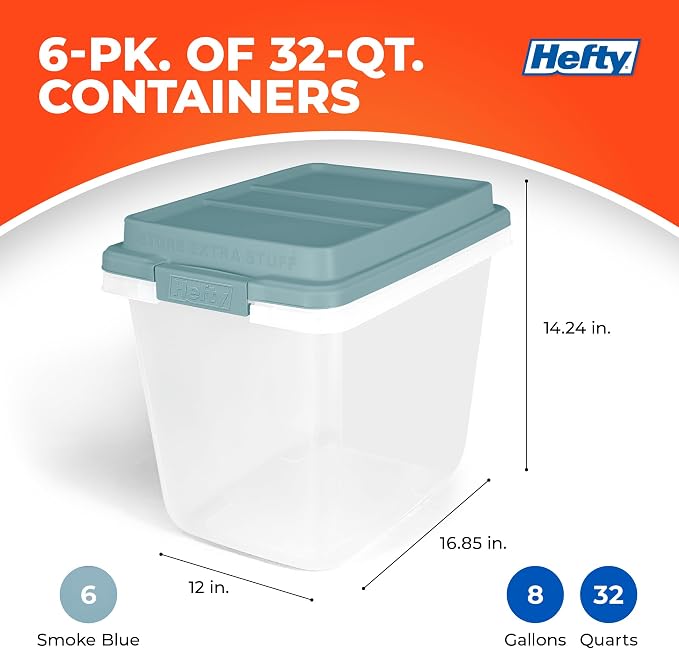 Hefty 6 Pack Lift Off Storage Bin with Lid, 32 Quart, Smoke Blue | Stackable Clear Plastic Container Totes for Home, Office, and Classroom Organization