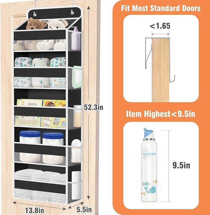 Over The Door Organizer Storage Large Capacity Hanging Bedroom Storage | 5 Shelves, 40 LB Capacity, Foldable Mesh Design, Clear Window, Sturdy, Large Storage Organizer for Nursery, Pantry & Closet