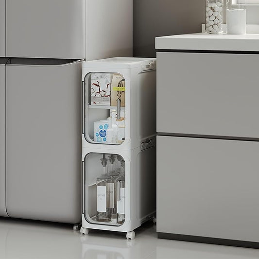 Narrow Slim Bathroom Storage Cabinet with Wheels, 2-Tier White | Tool Free Assembly, Adjustable Shelves, Fits for Narrow Spaces, Reinforced Stability, Magnetic Clear Door