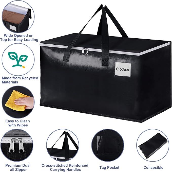 StorageRight Heavy Duty Moving Boxes-Moving Bags with Zipper, Reinforced Handles and Tag Pocket-Collapsible Moving Supplies-Totes for Storage Great for moving, Storage and Travel 93L(Black-10 Pack)