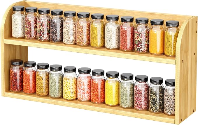 ROMGUAR CRAFT 2 Tier Long Bamboo Spice Rack, Countertop or Wall Mounting Wood Spice Jars Organizer Shelf for Kitche, Pantry (Natural)