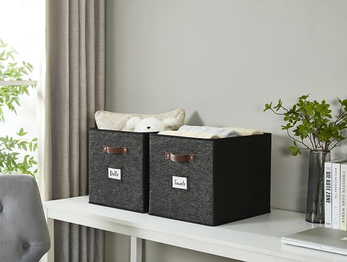 DECOMOMO Storage Bins, Storage Baskets for Shelves | 13" x 15" x 13" Storage Cube Bins with Labels for Organizing Shelves (Kallax, 4pcs, Black Pattern)