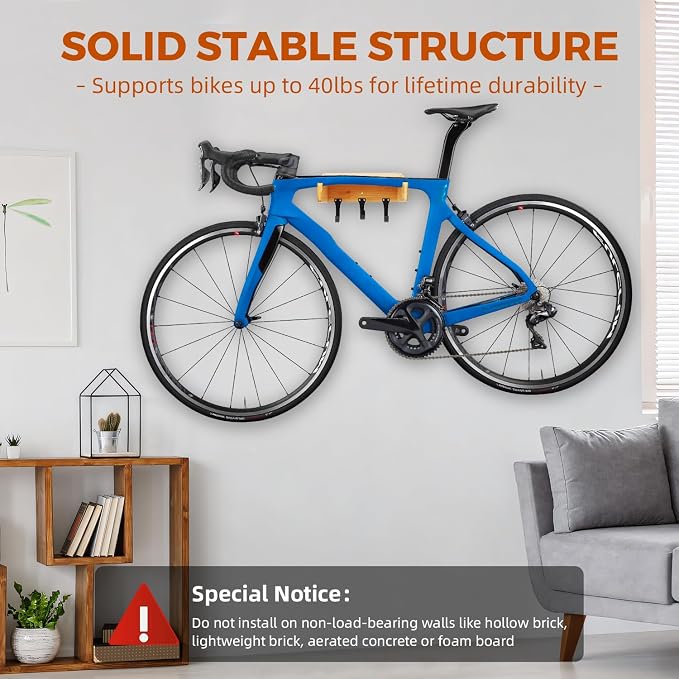 Bike Wall Mount - Indoor Bicycle Rack | Bamboo Bike Rack Storage with Detachable Hangers, Easy to Assemble