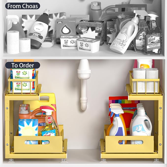 L-Shaped Under Sink Organizer, 2-Tier Pull-out Cabinet Rack 1-Pack | Gold Height-Adjustable Metal Rack, Sliding Grid Drawers with Safety Stopper, Holds 100 Lbs, Ideal Kitchen Cabinet Storage
