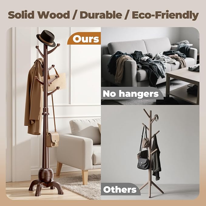 Coat Rack Freestanding with 8 Hooks, Wooden Coat Tree, Walnut | Coat Hanger Stand Heavy Duty with Stable Base, Hall Tree for Entryway Hallway Bedroom Office, 240lbs Load Capacity H:71.7in