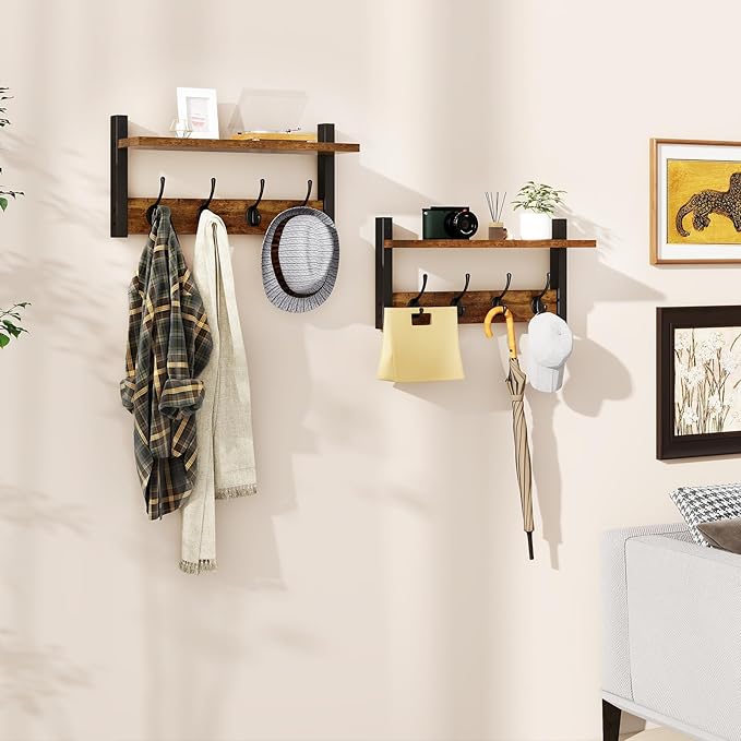 YMYNY Coat Rack Wall Mount with Shelf and Hooks, Rustic Brown UHWS001H-2 | 2 Pack Wooden Wall Mounted Coat Hanger with Shelf and 8 Double Hooks, Wall Coat Rack for Entryway Hallway Bedroom Bathroom