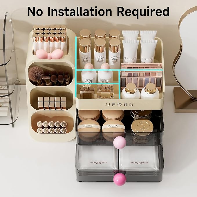 UFORU Makeup Organizer Countertop with Brush Holder for Vanity Bathroom | Large Capacity, Thickened Plastic, 2 Clear Drawers, Compact Size, Detachable Brush Holder, Divided Compartments, Easy Access