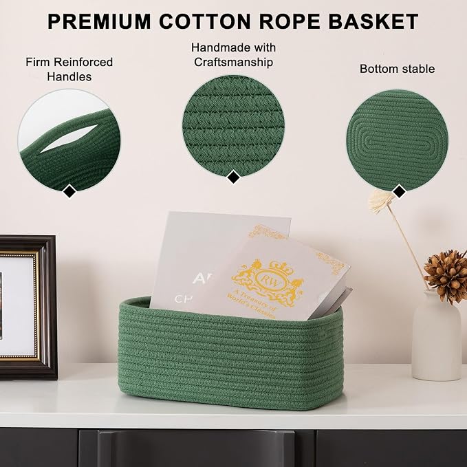 OIASKET 4 Pack Small Storage Shelf Baskets for Organizing, Mini Woven Rope Storage Bins for Towels, Cute Decorative Closet Organizer，Baby Nursery, Gift Empty Baskets -11.81''Lx7.87''Wx4.72''H-Green