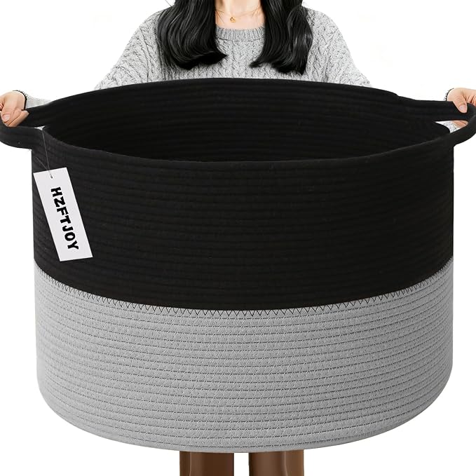 65L Large Blanket Basket,Woven Laundry Basket-Black&Light Grey | Collapsible, reinforced handles, nursery storage bin organizes clothes, toys and pillows for living room, bedroom bathroom