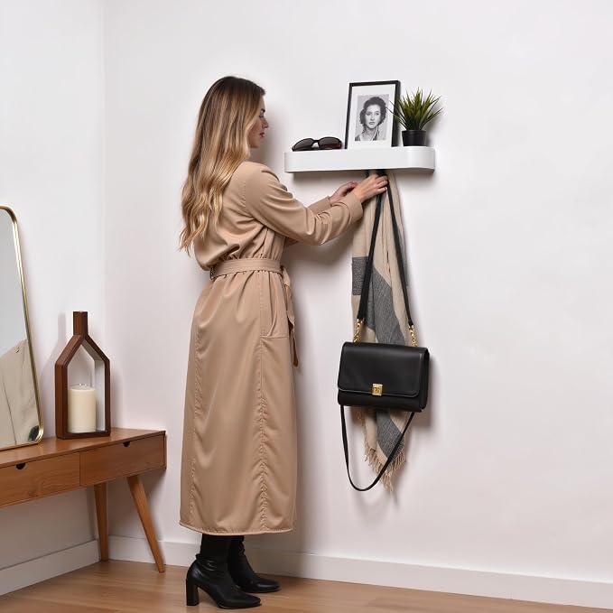 Modern Wall-Mounted Coat Rack with Shelf – Heavy-Duty Steel, 5 Sturdy Hooks, Powder-Coated Finish, Space-Saving Entryway Organizer with Mounting Hardware – Sleek & Minimalist Design (White)
