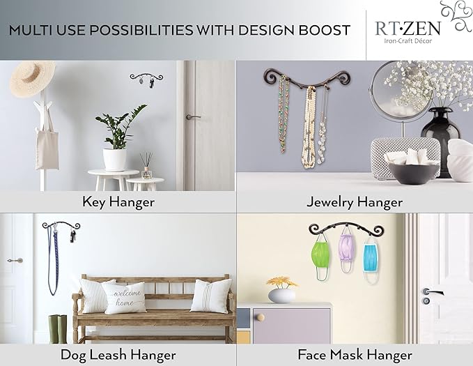 RTZEN Farmhouse Small Key Holder for Wall, Wrought Iron Wall Mount Rack | Handcrafted Swirl Decorative, 5 Key Hooks for Home Entryway, Purse, Coat and Leash Holder or Organizer (Swirly Black)