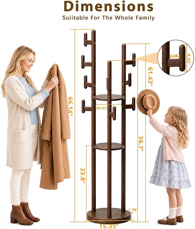 Rotary Coat Rack Freestanding - Solid Wood Coat Tree with 9 hooks & 3 Storage Shelves for Purse, Bag, Jacket, Hat, Corner Hanger Stand Racks for Hall, Entryway, Office, Modern Clothes Holder