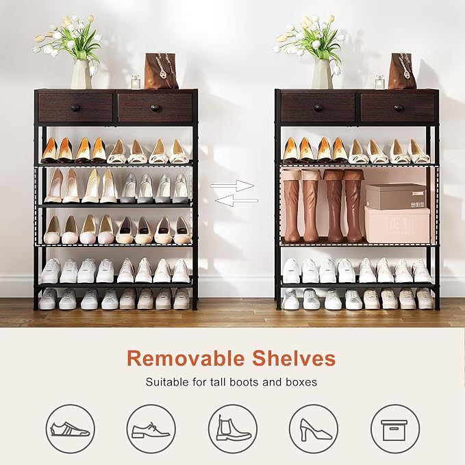 5 Tier Shoe Rack with Drawers, Metal & Wood Shelf Dark Brown | Holds 16-20 pairs. Fabric shelves prevent dust. Drawers for small items. 20-min assembly with clear guide.