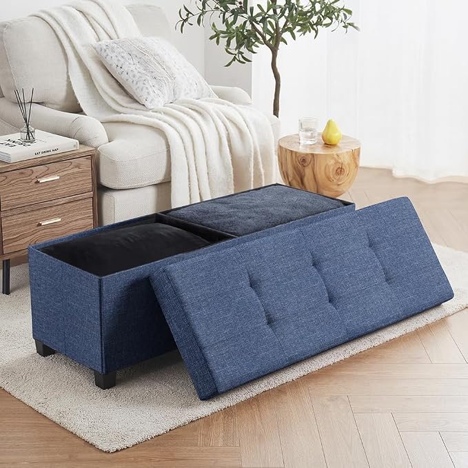 Ornavo Home 43" Large Storage Ottoman Bench with Legs, Navy Blue | Foot Rest Stool; Ottoman with Hidden Storage; Ideal for Bedroom, Living Room, Entryway or Home Office