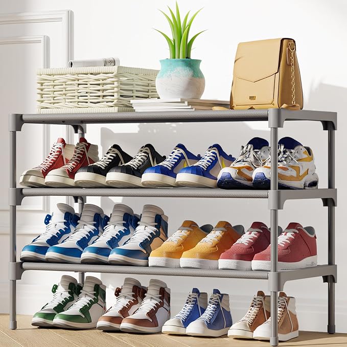 Kitsure Shoe Rack - Non-Woven Shoe Rack Shelf, Shoe Organizer for Closet, Entryway, Garage & Corridor, Stackable Shoe Shelves, 27.5" Wide - 3 Tier, Grey | Shoe Organizer for Closet, Entryway, Garage, Stackable Shoe Shelves, college dorm&apartment essen...