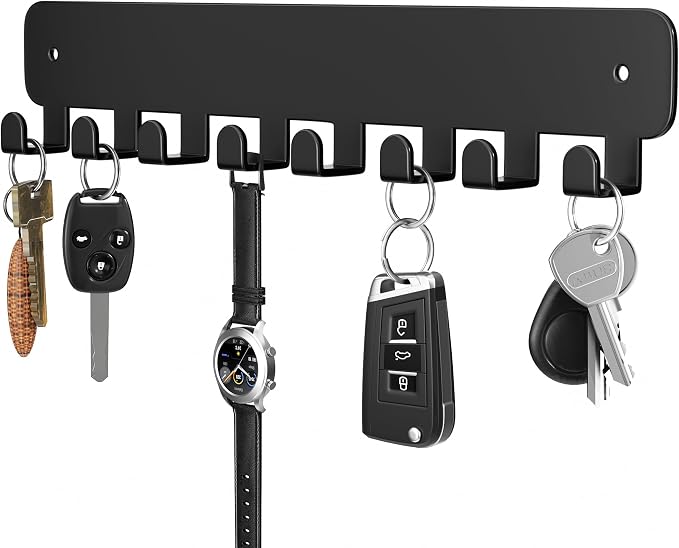 pickpiff Key Holder Wall Mount, Adhesive Key Rack with 8 Hooks Hanger for Car Key Ring, Metal Key Chain Organizer, Black 1 Pack