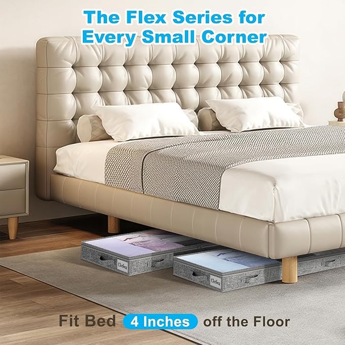 4 Inch Low Profile Under Bed Storage Drawer 2 Pack, Lightweight Underbed Clothes Storage Container Bins With NO STURCTURE, Shallow Storage Bag for Dorm & Home, With Clear Lids & Water-Resistant Fabric