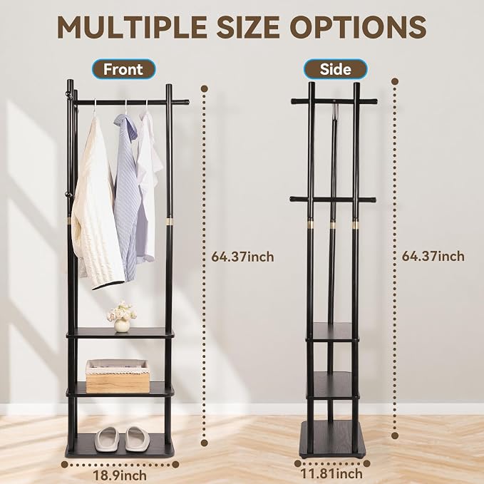Wood Coat Rack Freestanding Clothing Rack with 3 Shelves and 5 Hooks | Heavy Duty Coat Tree Garment Rack Coat Hanger Stand for Corner Entryways Living Rooms and Bedrooms, Black