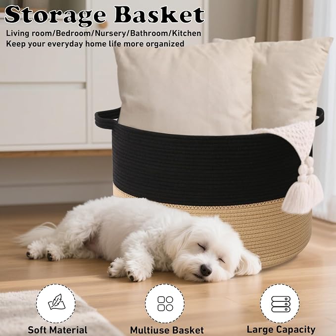 115L Extra Large Blanket Basket,Woven Laundry Basket-Black&Camel | Collapsible, reinforced handles, nursery storage bin organizes clothes, toys and pillows for living room, bedroom bathroom