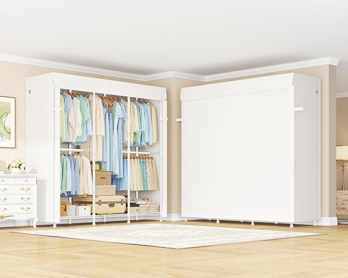 E14C Heavy Duty Closet Organizer System，Freestanding Clothing Racks for Hanging Clothes，Adjustable Garment Rack 58" W × 16" D × 77" H Hold 860 lbs，White Rack with White Cover