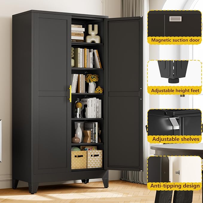 PAOFIN Metal 79“ Kitchen Pantry Cabinet, Pantry Storage Cabinet with Doors and 5 Adjustable Shelves, Freestanding Cupboard Kitchen Cabinet,Tall Cabinet for Living room,Pantry, Bathroom,Kitchen (Black)