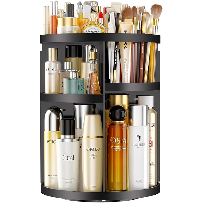 Makeup Organizer 360 rotating, Adjustable Skincare Organizers with Brush Holder, Cosmetics Display Cases for Vanity Bathroom Countertop Large Capacity Carousel Make up Caddy Shelf (Black)