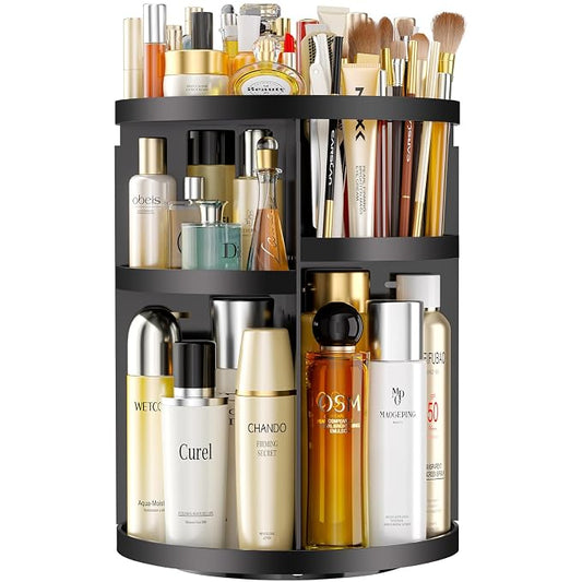 Makeup Organizer 360 rotating, Adjustable Skincare Organizers with Brush Holder, Cosmetics Display Cases for Vanity Bathroom Countertop Large Capacity Carousel Make up Caddy Shelf (Black)