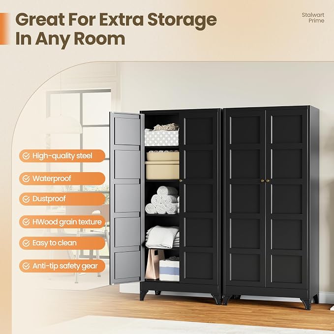 Yizosh Metal Pantry Cabinet,- 72" Black Kitchen Pantry Storage Cabinet with Doos and Adjustable Shelves for Kitchen, Living Room,Dining Room,Home