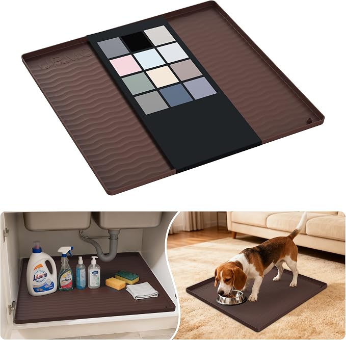 URMONA Waterproof Silicone Under Sink Mat 19'' x 19'' Shelf Liner for Kitchen and Bathroom, Cabinet and Counter Protector, Storage and Organizers, Litter Mat, Pet Cat Puppy Essentials(Brown)