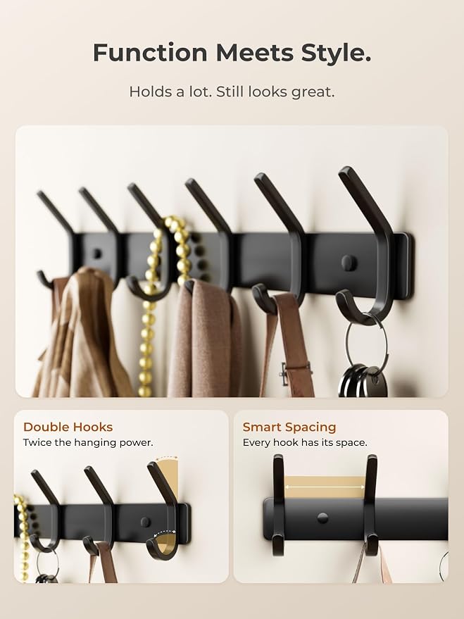 Coat Rack Wall Mount Hooks - 15 Inch Black Metal 6-Hook Rack(2 Pack) | Modern Kids Room, Entryway & Bathroom Hanger for Towels, Coats, Purses, Bags