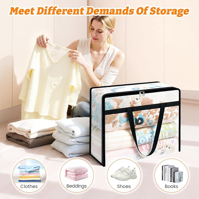 BlissTotes 4 Pack Clear Clothes Storage Bags, Moving Bags, Foldable Blanket Storage Under Bed Storage Containers with Sturdy Zipper and Handle for Clothing, Comforter, Bedding, Sheet (60L)