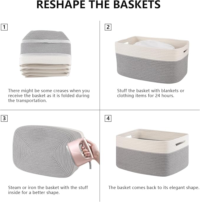4 Pack Storage Baskets for Organizing, Woven Baskets for Shelves - Perfect for Toys, Books, Towels, and Clothes, Durable Gift Basket Bins Toy Storage, 15.7''Lx11.8''Wx7.8''H, Grey and White