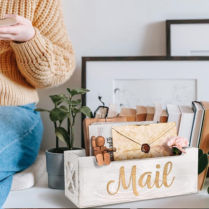 Wooden Mail Organizer Countertop | White Finsh Mail Holder for Wall | Rustic Desk Mail Sorter Basket Letter Holder for Home Office Entryway Decor