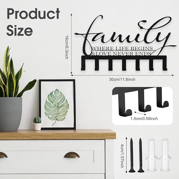 Hicarer Family Key Holder Metal Hooks Decorative Hanger Black Rack Wall Mount Organizer with Screws and Anchors for Keys Hat Kitchen Entryway Front Door Home Decor