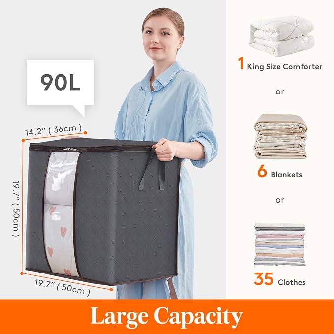 Lifewit 90L Extra Large Blanket Storage Bags, Foldable Comforter Storage with Reinforced Handles, Clothes Storage Containers for King Comforter, Bedding, Pillow, Sheet, Storage Bin with Lids 5 Pack