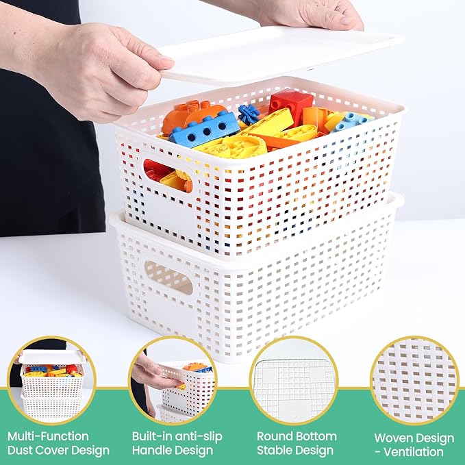 Plastic Storage Baskets with Lid-Plastic Storage Containers Stackable Storage bins: Storage Baskets for Organizing Shelves Drawers Desktop Closet Playroom Classroom Office,8 Pack-White10.2x7.2x4.1Inch