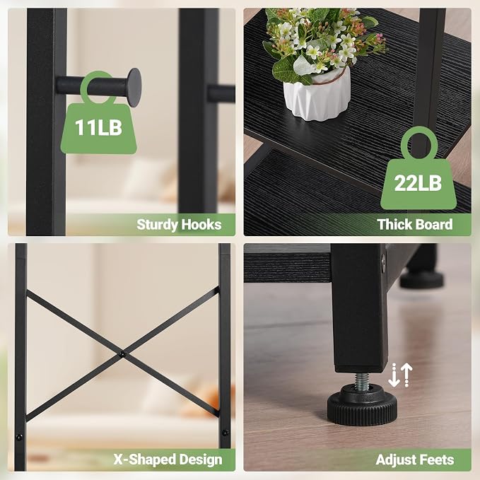 ELYKEN Coat Rack Freestanding, Hall Tree with 3 Shelves and 12 Hooks, Black | Industrial Metal Frame, Space-Saving Design, Clothes Rack Stand Organizer for Bedroom, Hallway, Entryway, Office, Living Room