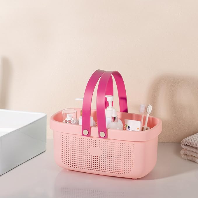 JiatuA Plastic Storage Basket with Handle Portable Shower Caddy Tote Organizer Basket Bin for Bathroom Kitchen Dorm Room Bedroom, Light Pink