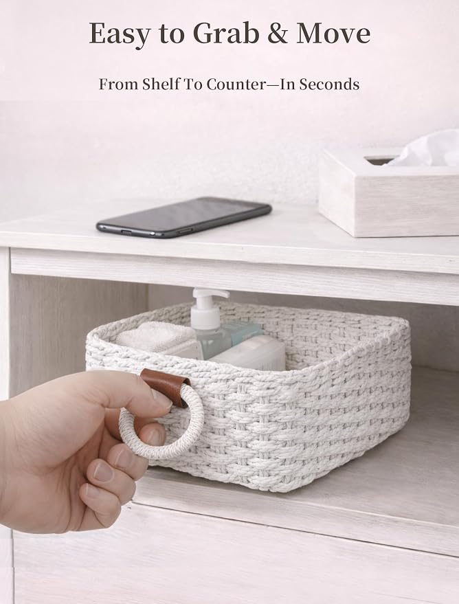 Small Wicker Baskets, 3 PCS Paper Rope Baskets for Shelves, White | Recycled Small Baskets, 3 Sizes Woven Baskets for Organizing, Decorative Storage Baskets for Bedroom and Bathroom