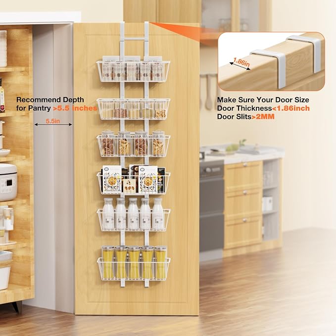 6 Tier Over the Door Pantry Organizer, Over the Door Spice Rack with Adjustable Baskets, Metal Hanging Door Pantry Organizers and Storage for Kitchen Bathroom Bedroom, White