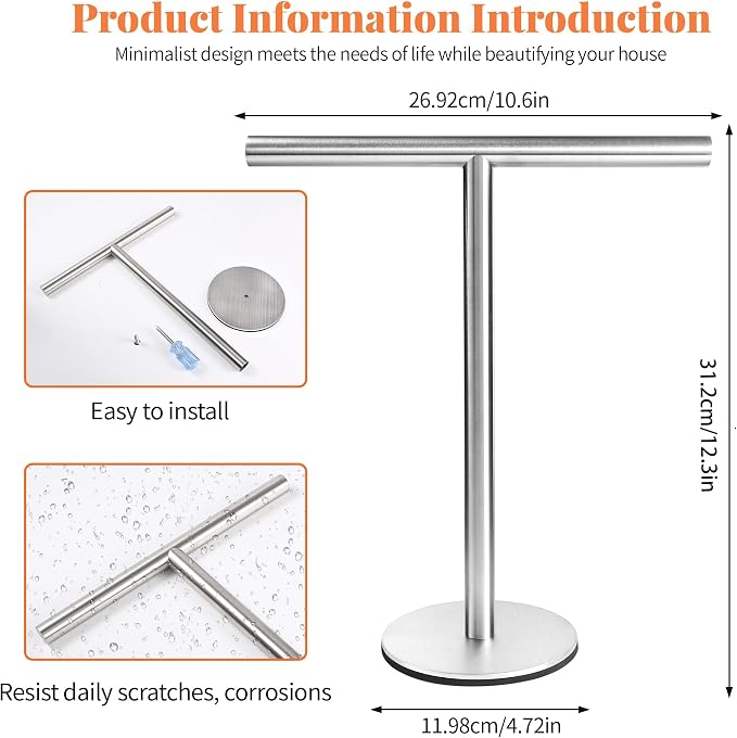 Bath Hand Towel Holder Standing, 13 Inch T-Shape Towel Bar Rack Stand, SUS304 Stainless Steel Brushed Finish,Tower Bar for Bathroom Kitchen Vanity Countertop