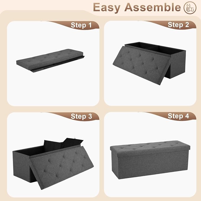30 inch Storage Ottoman Bench, 30 inch Folding Storage Bench Ottoman, for Bedroom, Living Room, and Utility Room, Grey (30'' W)
