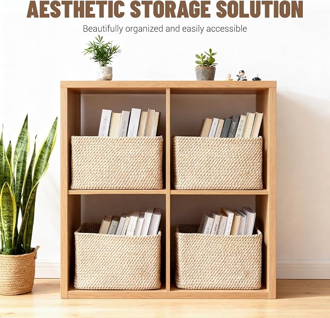5 Pack Woven Storage Baskets for Shelves, Decorative Basket Organizer Storage Bins for Toys, Books, Clothes, Closet, Nursery, Bathroom – Cotton Rope Shelf Baskets for Organizing and Decor, Khaki