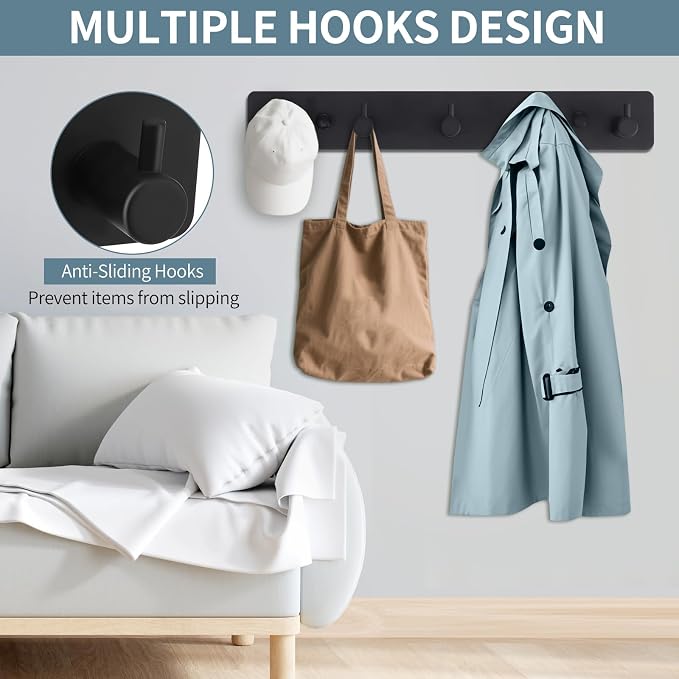 Wall Mount Coat Rack, 5-Hook Metal Towel and Hat Hook, Black | Adhesive Or Screw Mount, Rounded Smooth Hooks, Sturdy Metal, For Towels, Coats, Hats, Bags