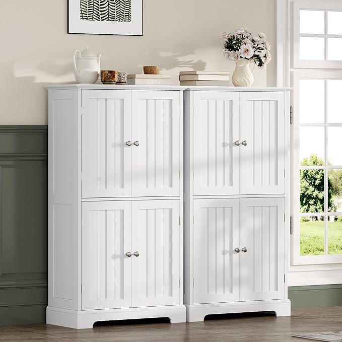 ChooChoo Bathroom Floor Cabinet with Adjustable Shelves | Bathroom Storage Cabinet, 4 Doors, Freestanding Cupboard for Living Room, White