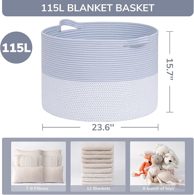 INDRESSME 115L Extra Large Woven Rope Blanket Basket Living Room Blue | 23.6" x 15.7" Storage baskets for toys laundry & pillows. Fits living room, bedroom or nursery décor. Soft-touch with handles